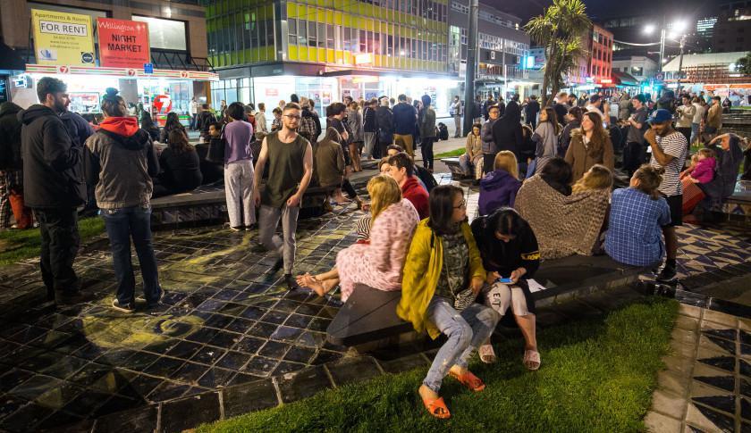 WELLINGTON, NEW ZEALAND - NOVEMBER 14: People wait in Te Aro Park after being evacuated from nearby buildings following an earthquake on November 14, 2016 in Wellington, New Zealand. The 7.5 magnitude earthquake struck 20km south-east of Hanmer Springs at 12.02am and triggered tsunami warnings for many coastal areas. (Photo by Hagen Hopkins/Getty Images)