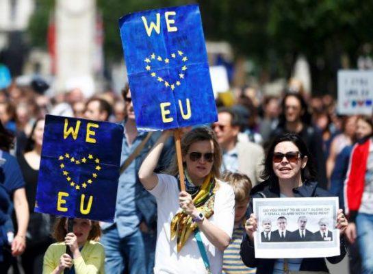 People hold banners during a 'March for Europe' demonstration against Britain's decision to leave the European Union, in central London, Britain July 2, 2016. REUTERS/Neil Hall