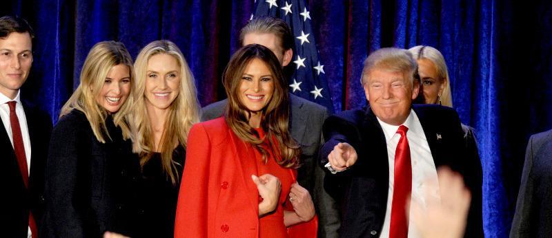 Melania Trump, Lara Yunaska, Eric Trump, Vanessa Haydon and Donald Trump Jr. listen to Republican presidential candidate Donald Trump speak after coming in second place at his Iowa Caucus night gathering on February 1, 2016 in Des Moines, Iowa, USA. Sen. Ted Cruz has won the Iowa Republican Caucus. Photo by Dennis Van Tine/ABACAPRESS.COM