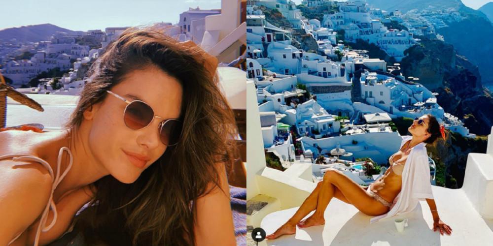 Η Αλεσάντρα Αμπρόζιο φωτογραφίζει την πίσω πλευρά της με φόντο τη Σαντορίνη [εικόνα]