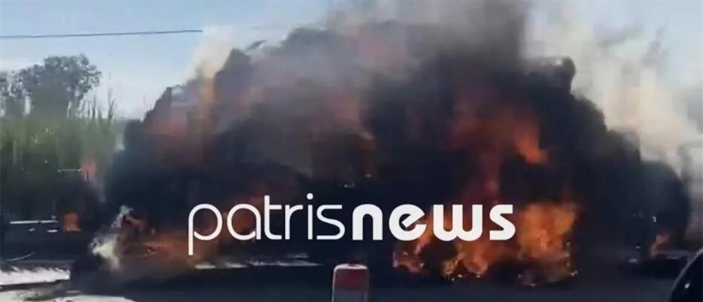 Πάτρα: Φωτιά σε αγροτικό που μετέφερε σανό στην Εθνική οδό Πατρών – Πύργου [εικόνες]