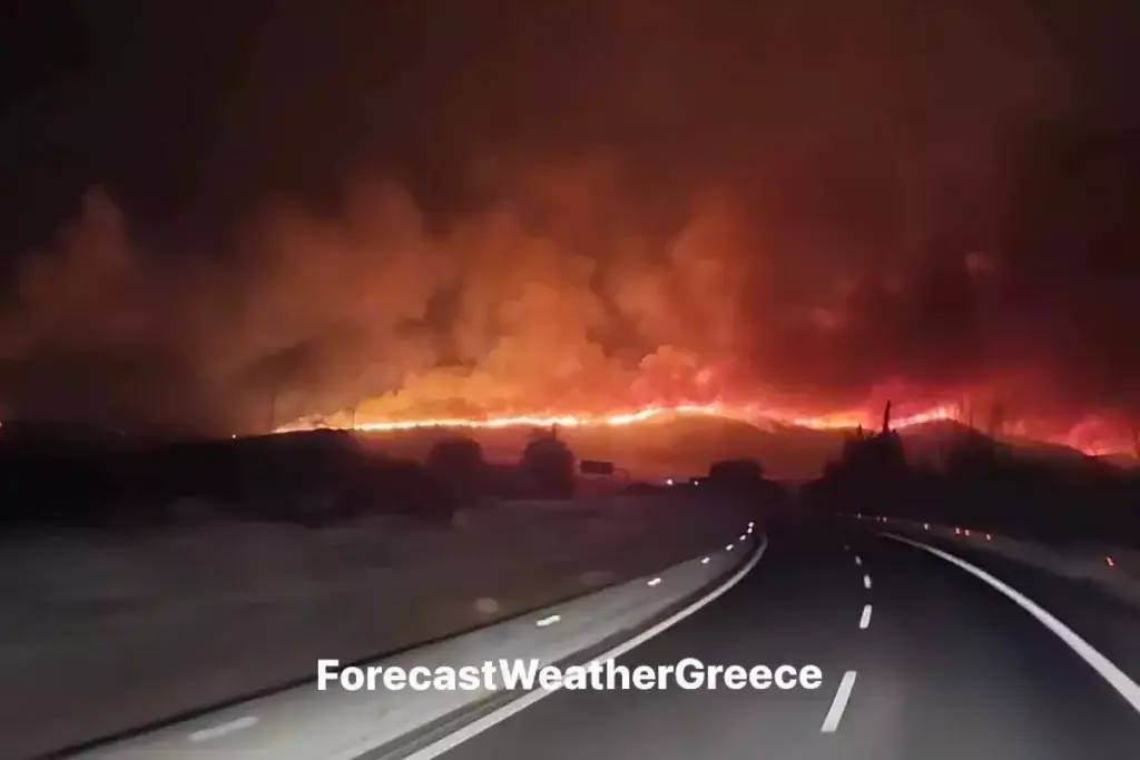 Φωτιά σε Λαμία και Μαγνησία: Συγκλονιστικά πλάνα από την Εθνική Οδό – Αυτοκίνητα περνούν μέσα 