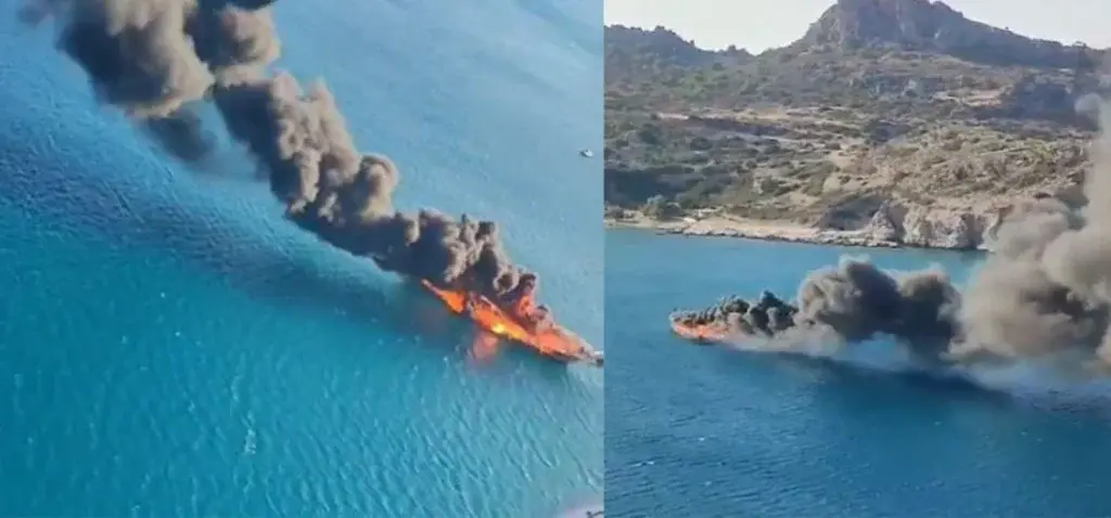 Ρόδος: Συγκλονιστικό βίντεο φλεγόμενου τουριστικού σκάφους από ελικόπτερο