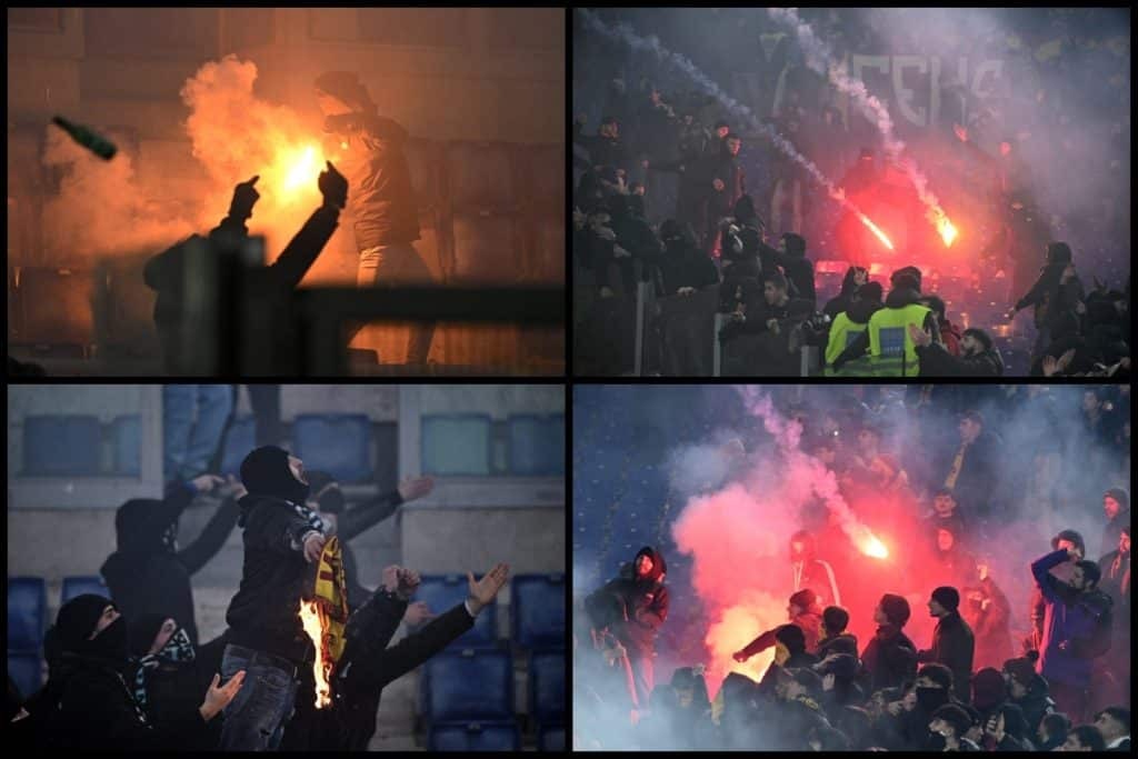Λάτσιο – Ρόμα: Χάος στο Ολίμπικο – «Βροχή» από ιπτάμενες φωτοβολίδες μεταξύ των ultras [εικόνε
