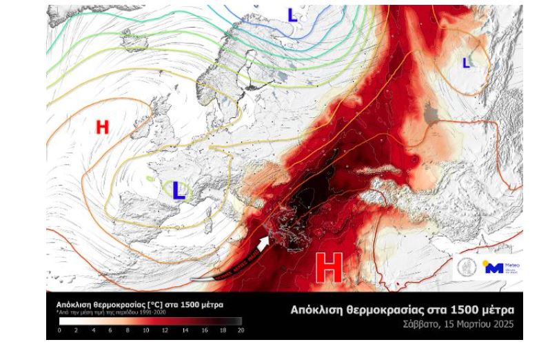 Χάρτης 2. Οι εκτιμώμενες συγκεντρώσεις σκόνης και το πεδίο ανέμων κατά τις απογευματινές ώρες του Σαββάτου 15/03, όπως υπολογίζονται από το αριθμητικό μοντέλο πρόγνωσης συγκέντρωσης σκόνης του Εθνικού Αστεροσκοπείου Αθηνών / meteo.gr.