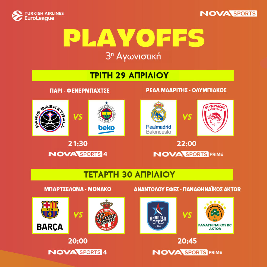 Tο μπασκετικό υπερθέαμα της EuroLeague συνεχίζεται με τα Playoffs αποκλειστικά στο Novasports!