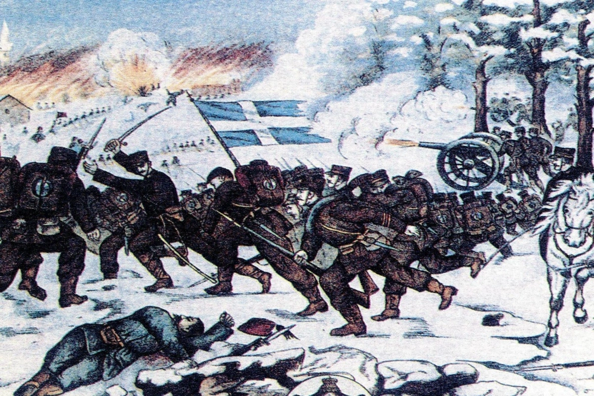 Λαϊκή λιθογραφία με την απελευθέρωση της Κορυτσάς από τον Ελληνικό στρατό.