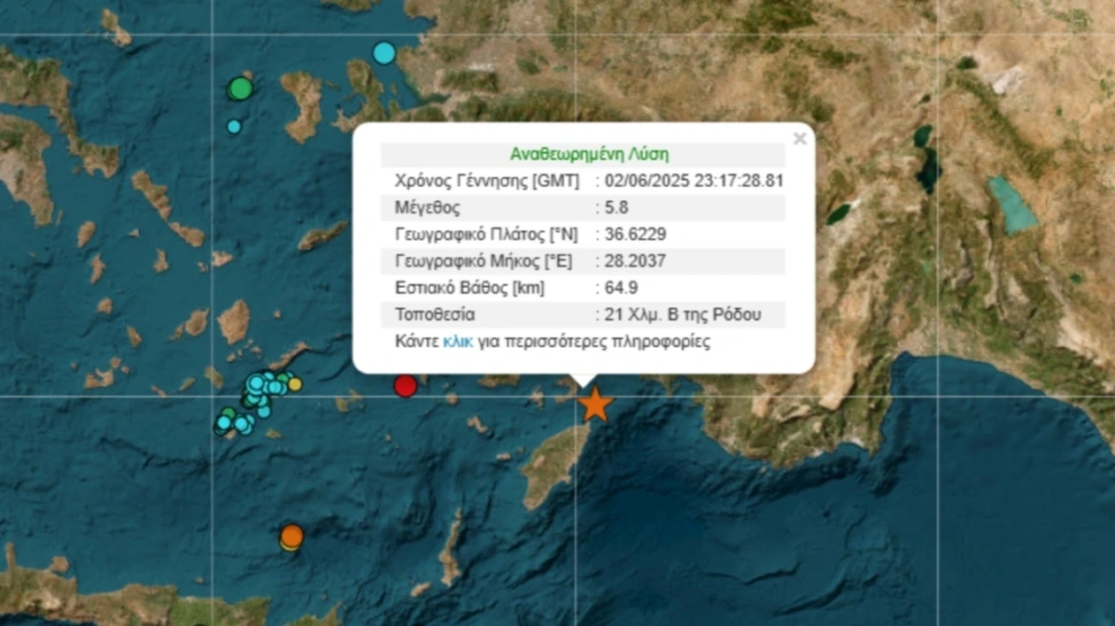 Ισχυρός σεισμός 5,8 βαθμών της κλίμακας Ρίχτερ ανοιχτά της Ρόδου