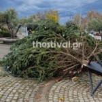 Θεσσαλονίκη: Το χριστουγεννιάτικο δέντρο κατέρρευσε μπροστά στο δημαρχείο λόγω ισχυρών ανέμων