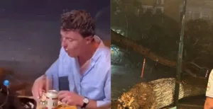 Viral ο τουρίστας που έτρωγε ατάραχος το σουβλάκι του μέσα στην κακοκαιρία – Σφοδρή καταιγίδα στη νότια Αλβανία