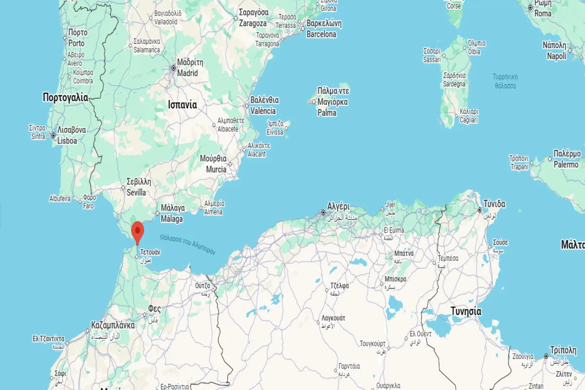 Στιγμιότυπο οθόνης, με την πινέζα στον χάρτη να δείχνει το σημείο που βρίσκεται η Θέουτα. Πηγή: Google maps