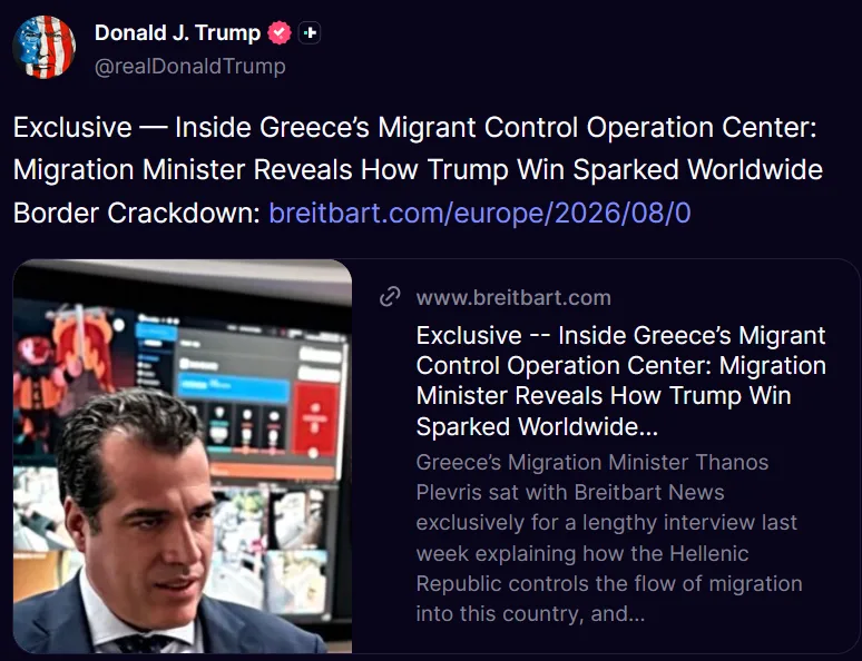 Τραμπ: Αναδημοσίευσε τη συνέντευξη Πλεύρη – «Είμαι θαυμαστής του»