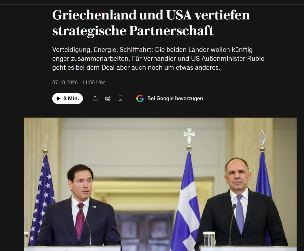 Το δημοσίευμα της handellsblatt για την επίσκεψη Ρούμπιο στην Αθήνα.