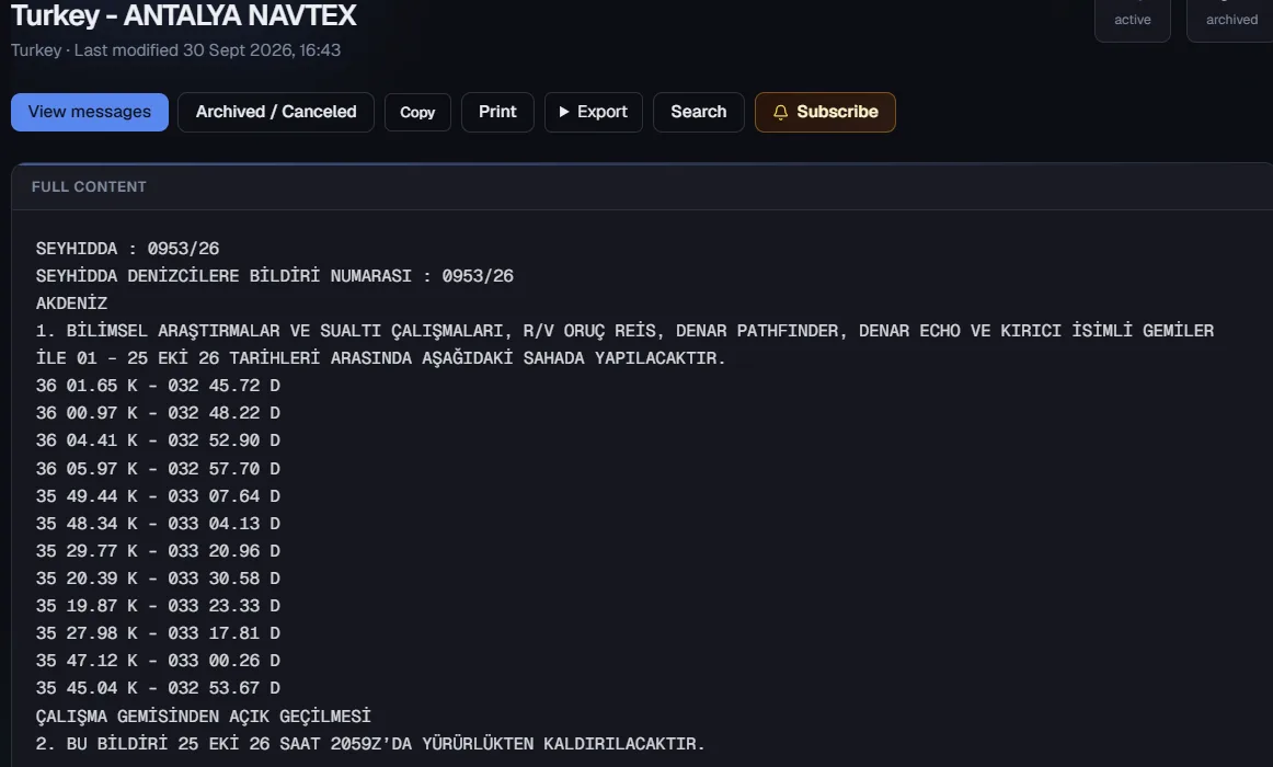 Η τουρκική navtex που εκδόθηκε στις 30/09 για έρευνες στη θαλάσσια περιοχή από τα νότια τουρκικά παράλια ως την κατεχόμενη Κύπρο