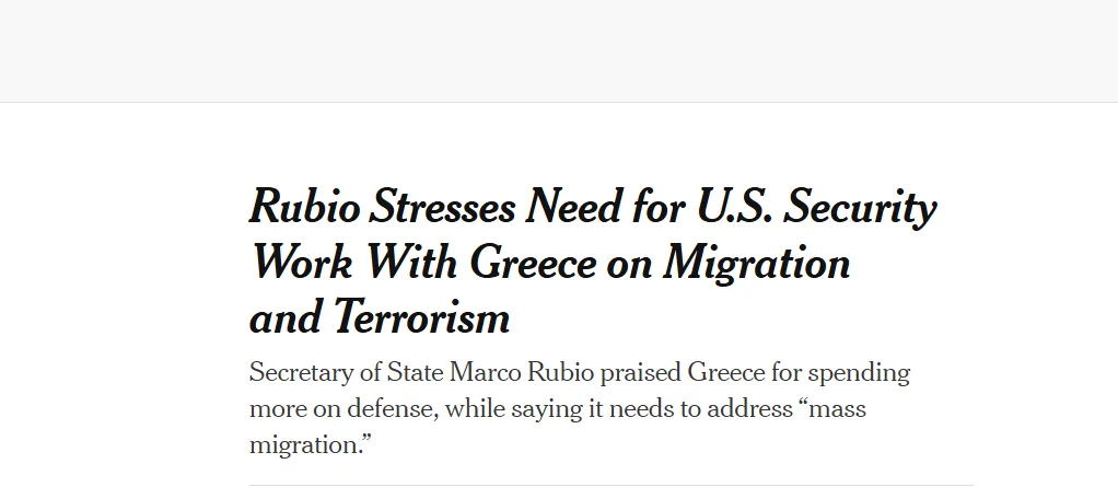Το δημοσίευμα των New York Times για την επίσκεψη Ρούμπιο στην Αθήνα.
